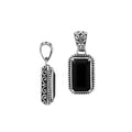 Sterling silver rectangular pendant featuring Black Onyx centerpiece with traditional Balinese beaded frame and oxidized detailing.