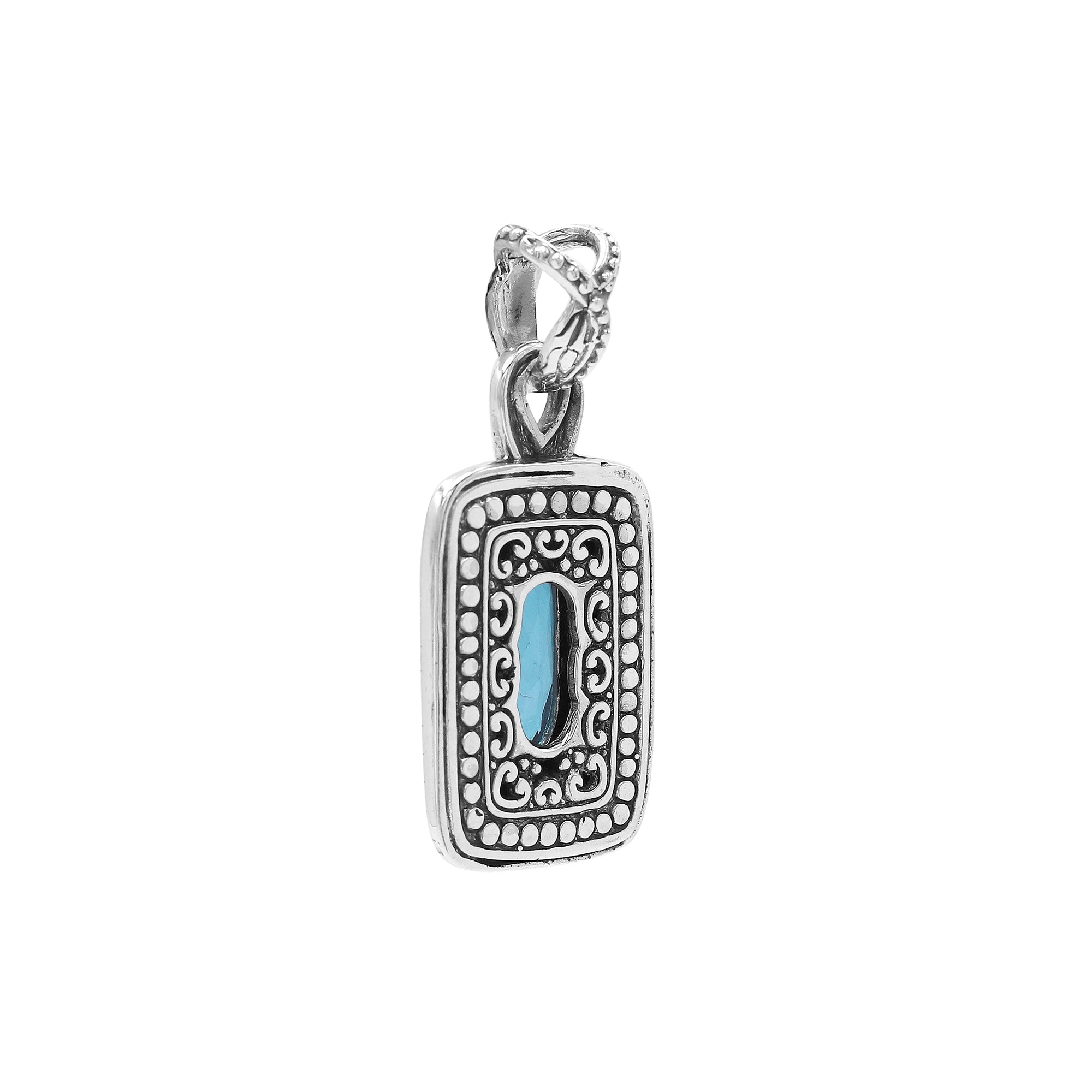 Sterling silver oval pendant featuring Blue Topaz Quartz with traditional beaded frame and oxidized silver detailing.