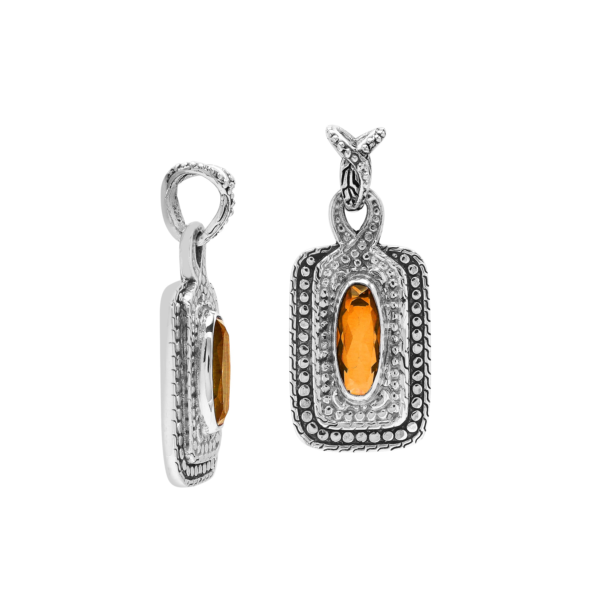 Sterling silver oval pendant featuring Citrine Quartz with traditional beaded frame and oxidized silver detailing.
