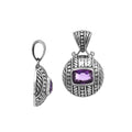 Sterling silver cushion pendant featuring Amethyst Quartz with detailed dome carving and oxidized Balinese silverwork.