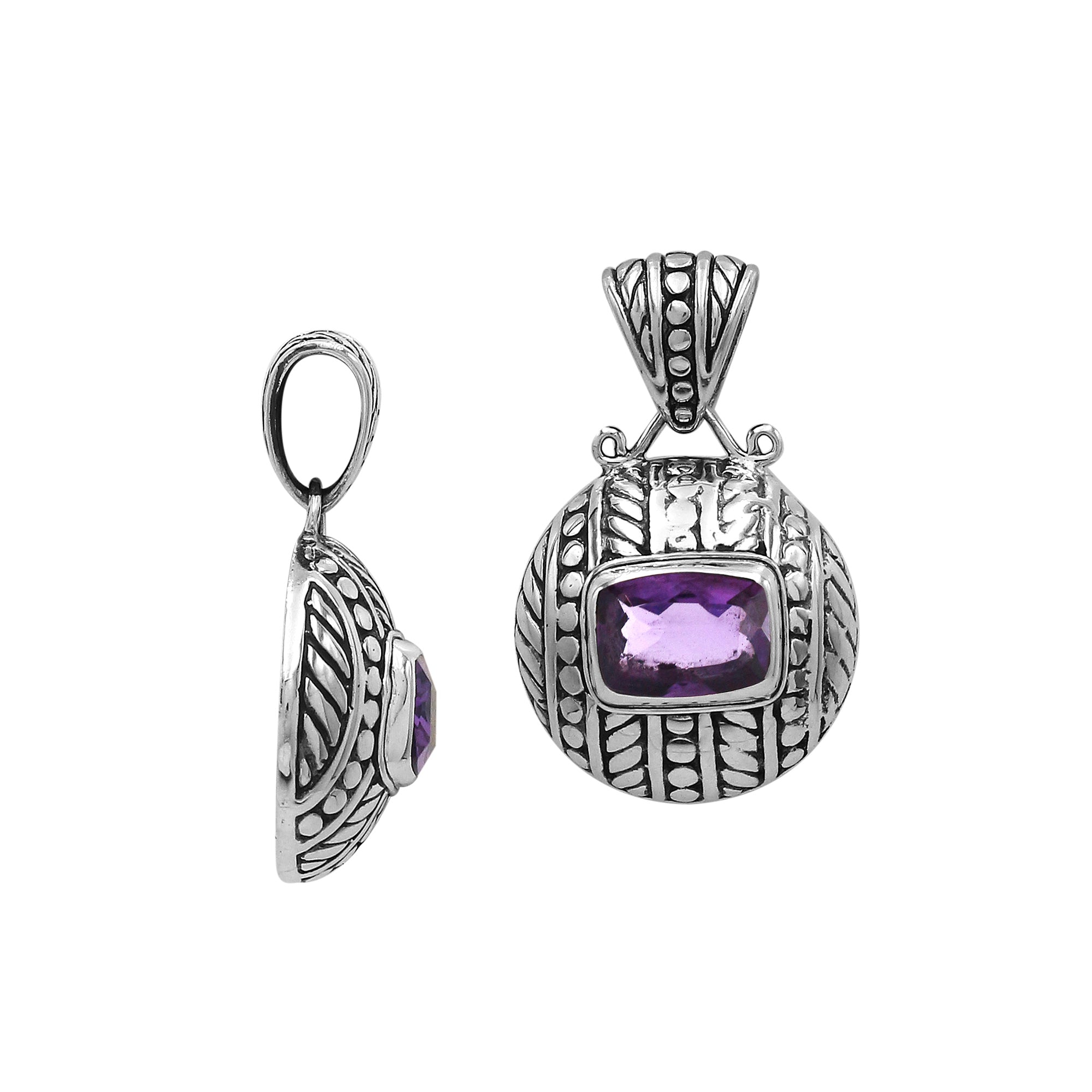 Sterling silver cushion pendant featuring Amethyst Quartz with detailed dome carving and oxidized Balinese silverwork.