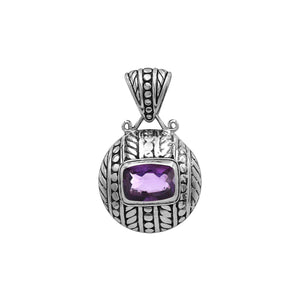 Sterling silver cushion pendant featuring Amethyst Quartz with detailed dome carving and oxidized Balinese silverwork.