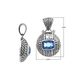 Sterling silver cushion pendant with Blue Topaz Quartz and handcrafted tribal Balinese oxidized detailing.