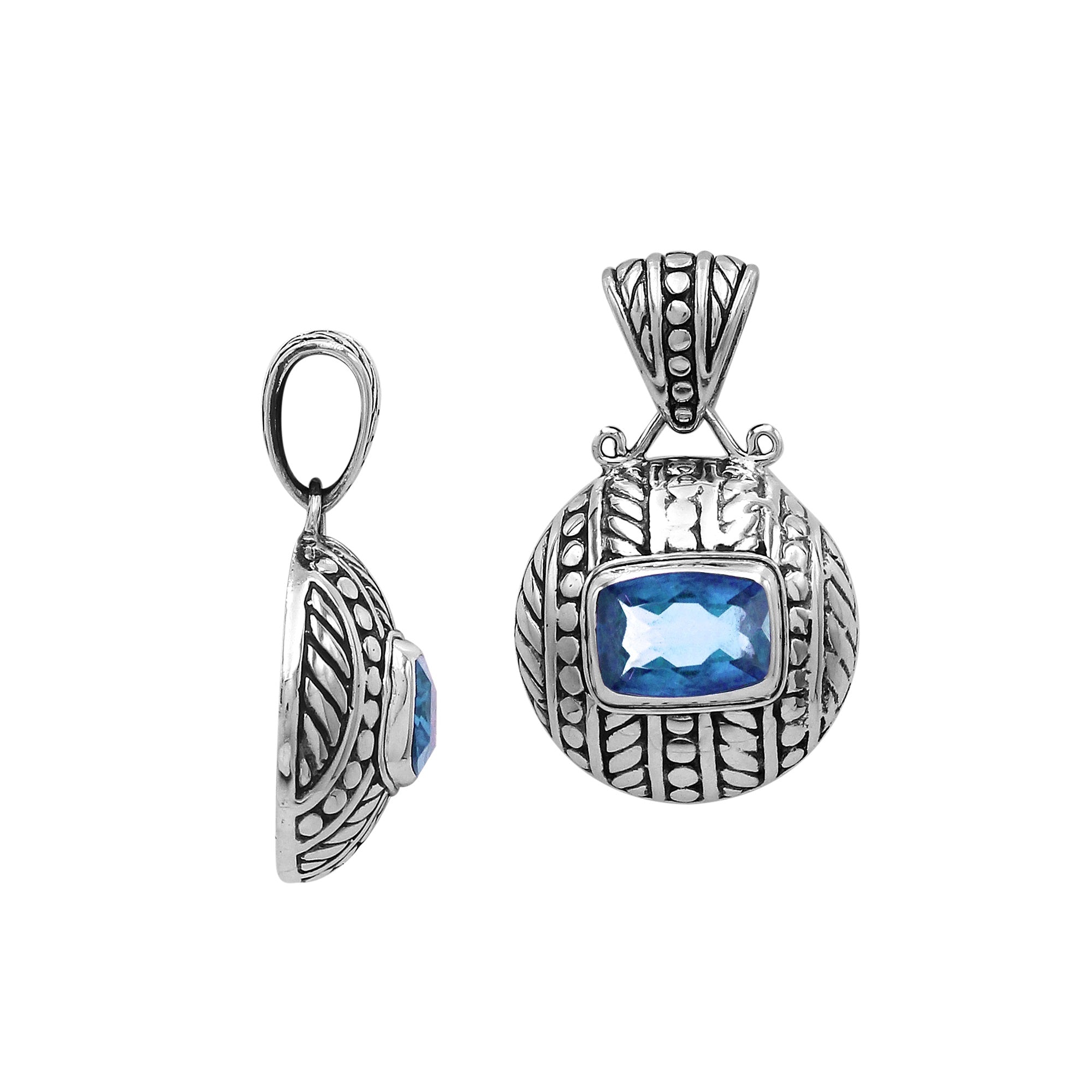 Sterling silver cushion pendant with Blue Topaz Quartz and handcrafted tribal Balinese oxidized detailing.