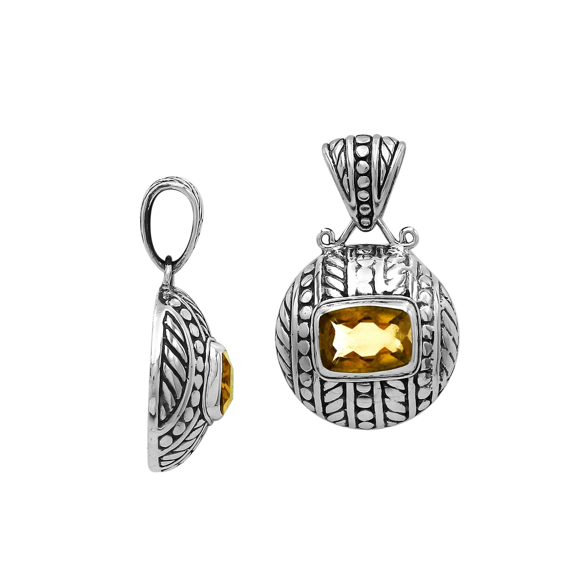 Round sterling silver pendant featuring radiant citrine quartz cushion centerpiece, fine leaf detailing, and smooth high-gloss polish in elegant Balinese craftsmanship.
