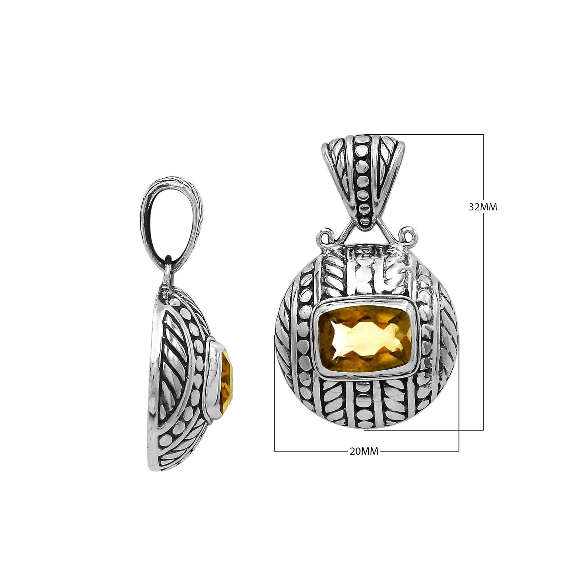 Round sterling silver pendant featuring radiant citrine quartz cushion centerpiece, fine leaf detailing, and smooth high-gloss polish in elegant Balinese craftsmanship.