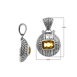 Round sterling silver pendant featuring radiant citrine quartz cushion centerpiece, fine leaf detailing, and smooth high-gloss polish in elegant Balinese craftsmanship.