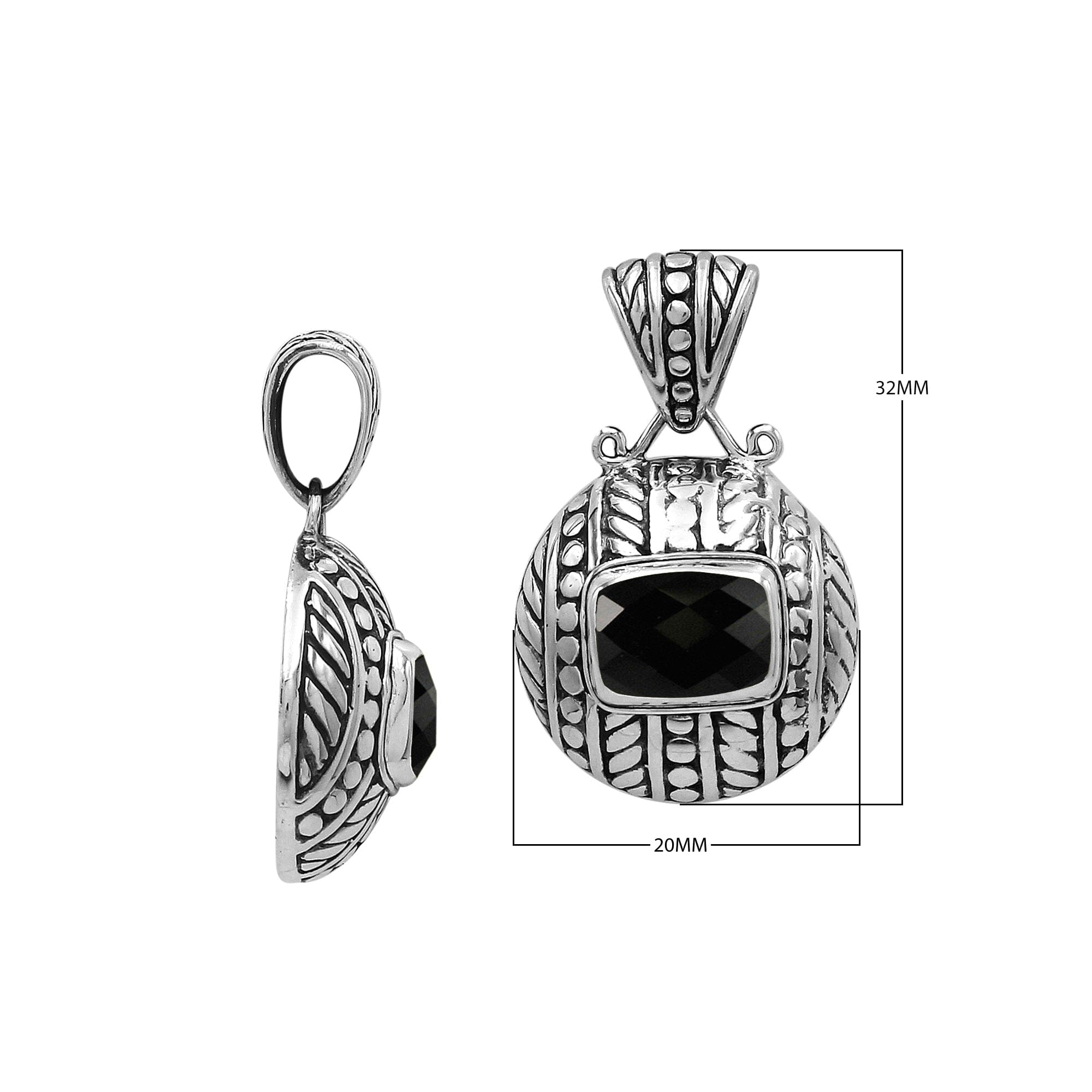 Round sterling silver pendant featuring cushion black onyx quartz, leaf carvings, dotted border, and smooth polished finish with Balinese detailing.