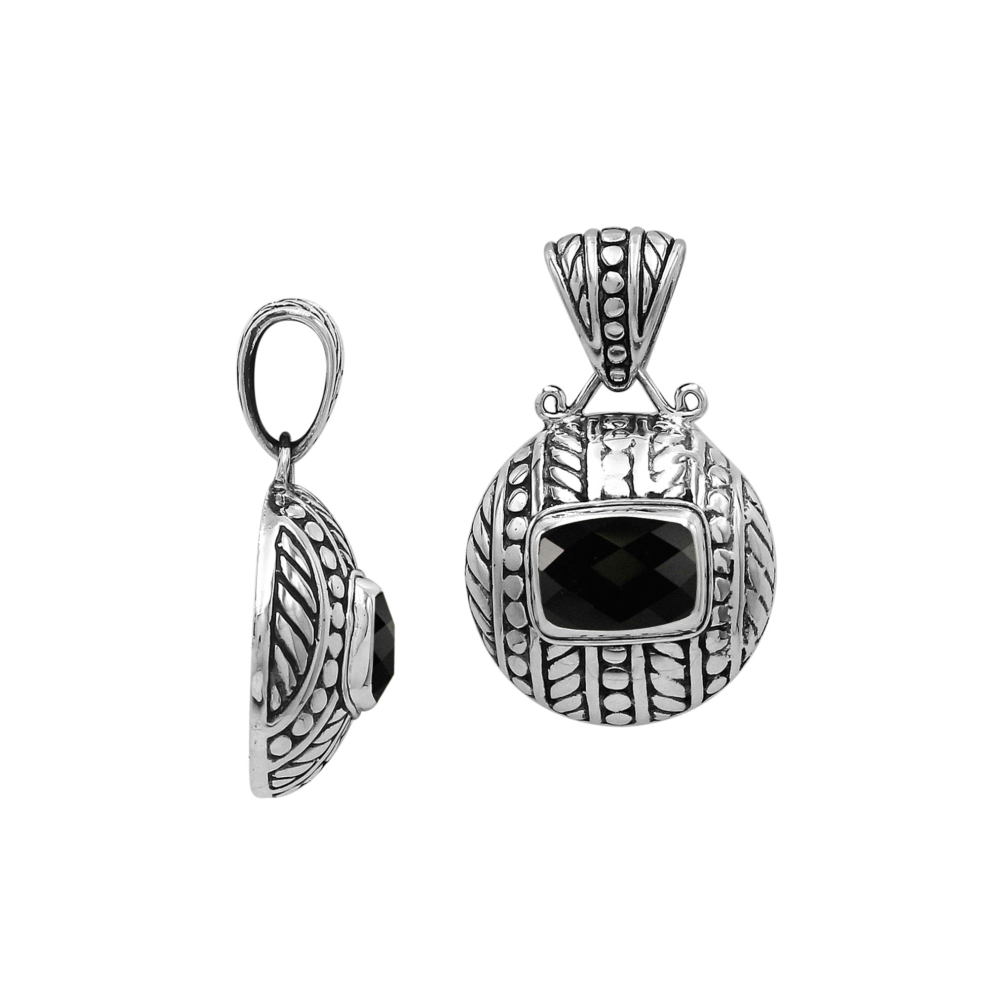 Round sterling silver pendant featuring cushion black onyx quartz, leaf carvings, dotted border, and smooth polished finish with Balinese detailing.