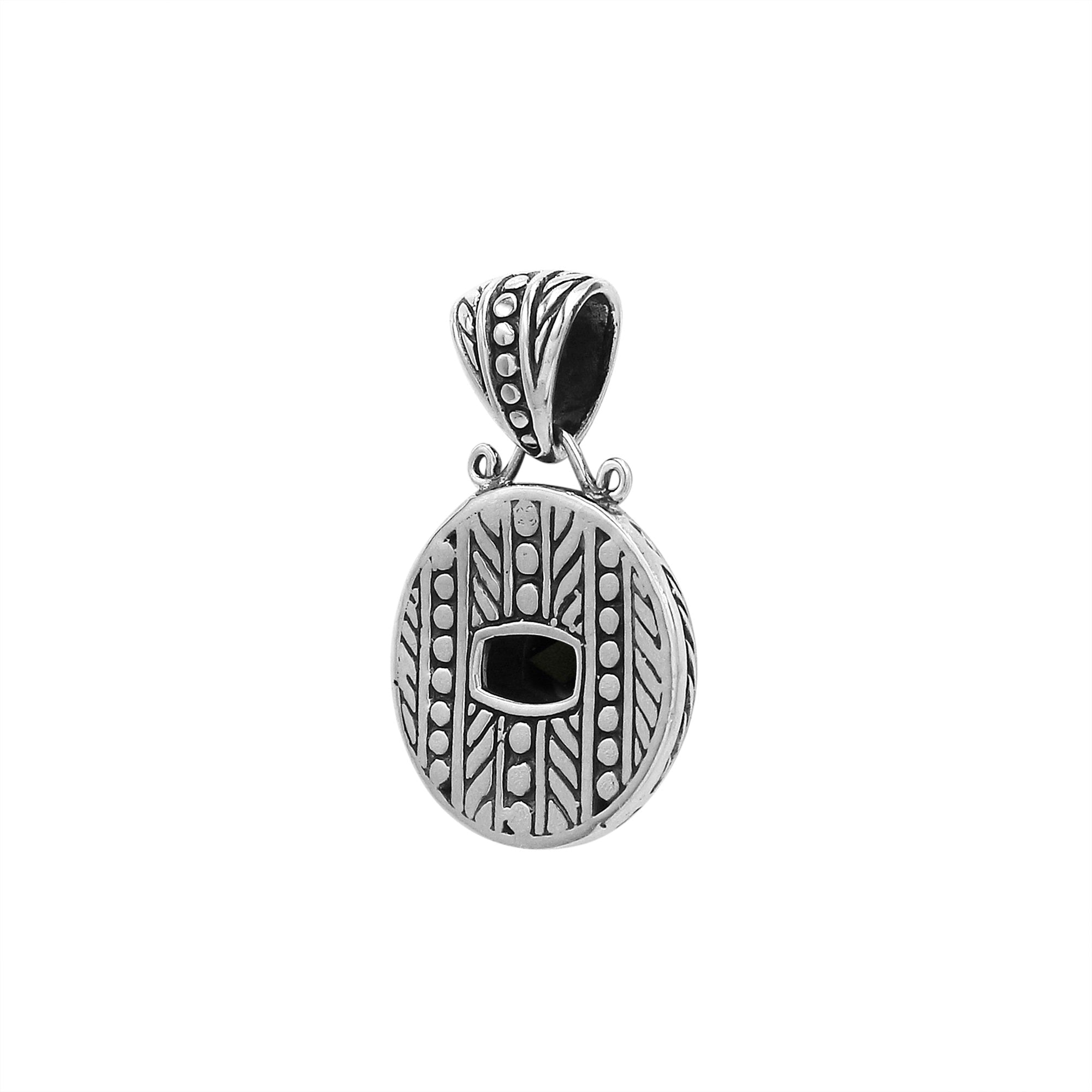 Round sterling silver pendant featuring cushion black onyx quartz, leaf carvings, dotted border, and smooth polished finish with Balinese detailing.