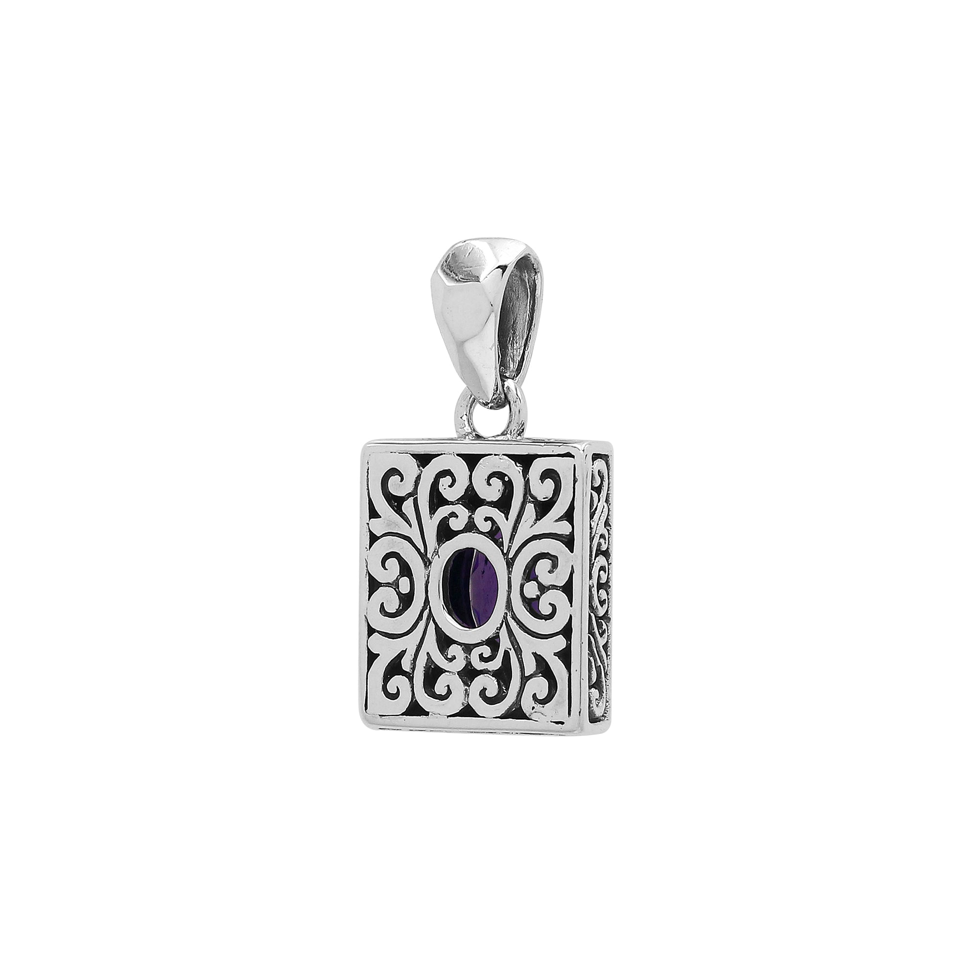 Rectangular sterling silver pendant featuring an oval amethyst quartz, detailed swirl patterns, and a smooth polished finish with traditional Balinese craftsmanship.