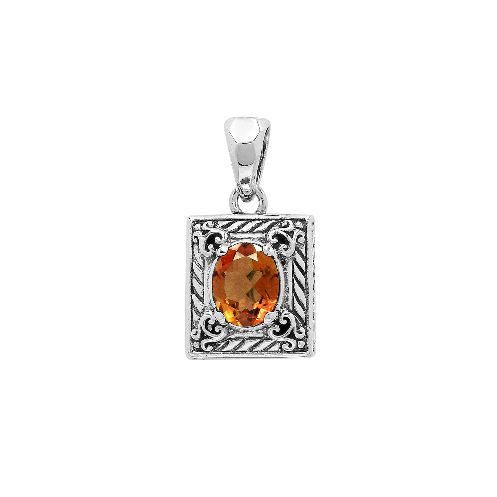 Rectangular sterling silver pendant featuring oval citrine quartz, Balinese swirl engravings, and a smooth mirror-polished finish with elegant detailing.