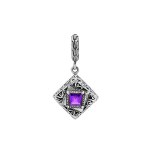 Diamond-shaped sterling silver pendant featuring square amethyst quartz centerpiece, filigree engraving, and smooth polished finish in classic Balinese design.
