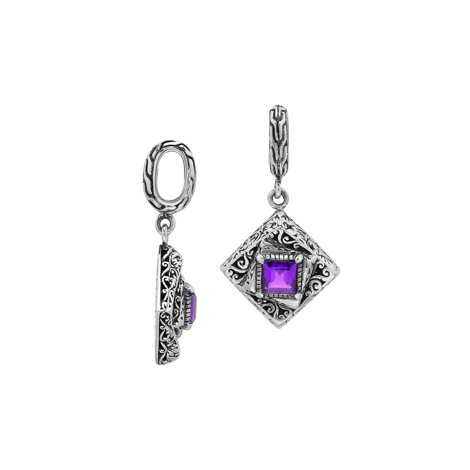 Diamond-shaped sterling silver pendant featuring square amethyst quartz centerpiece, filigree engraving, and smooth polished finish in classic Balinese design.