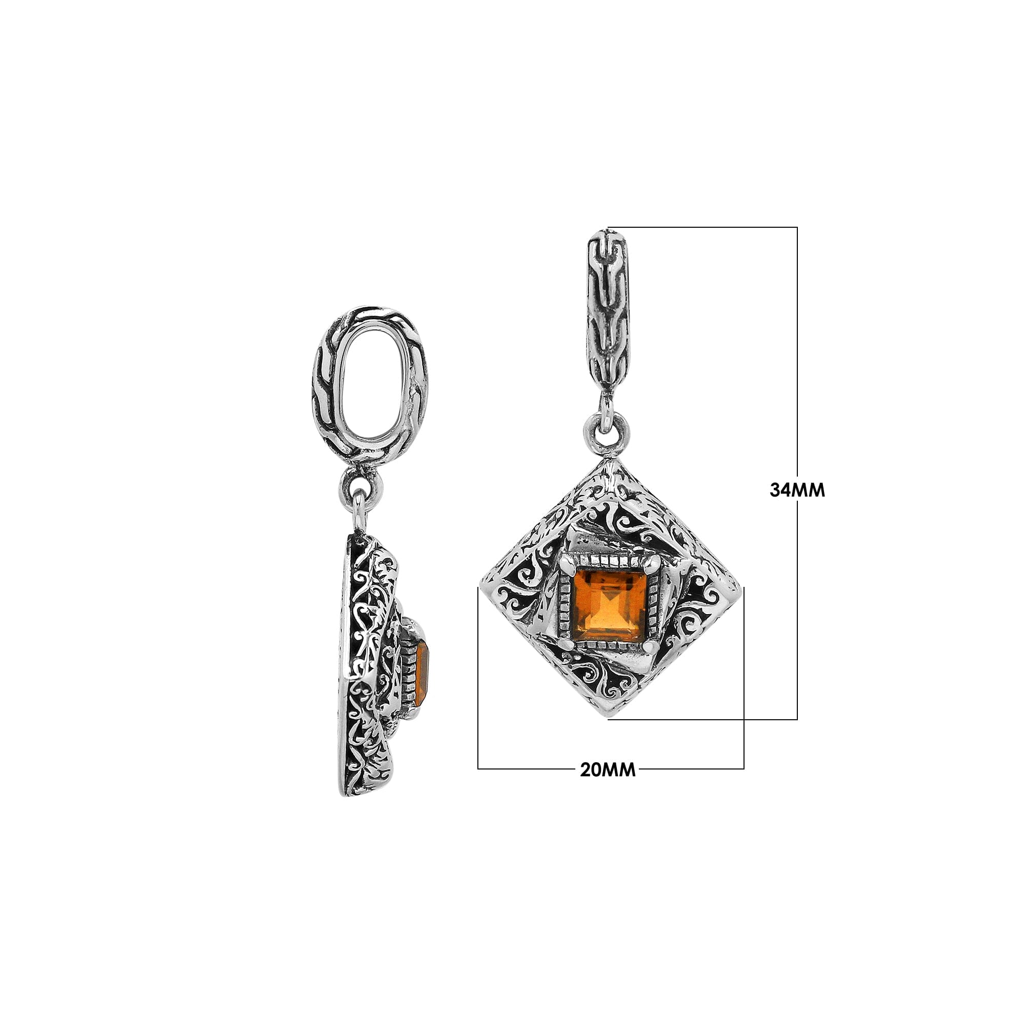 Diamond-shaped sterling silver pendant featuring citrine quartz square center with filigree engravings and polished finish in traditional Balinese design.