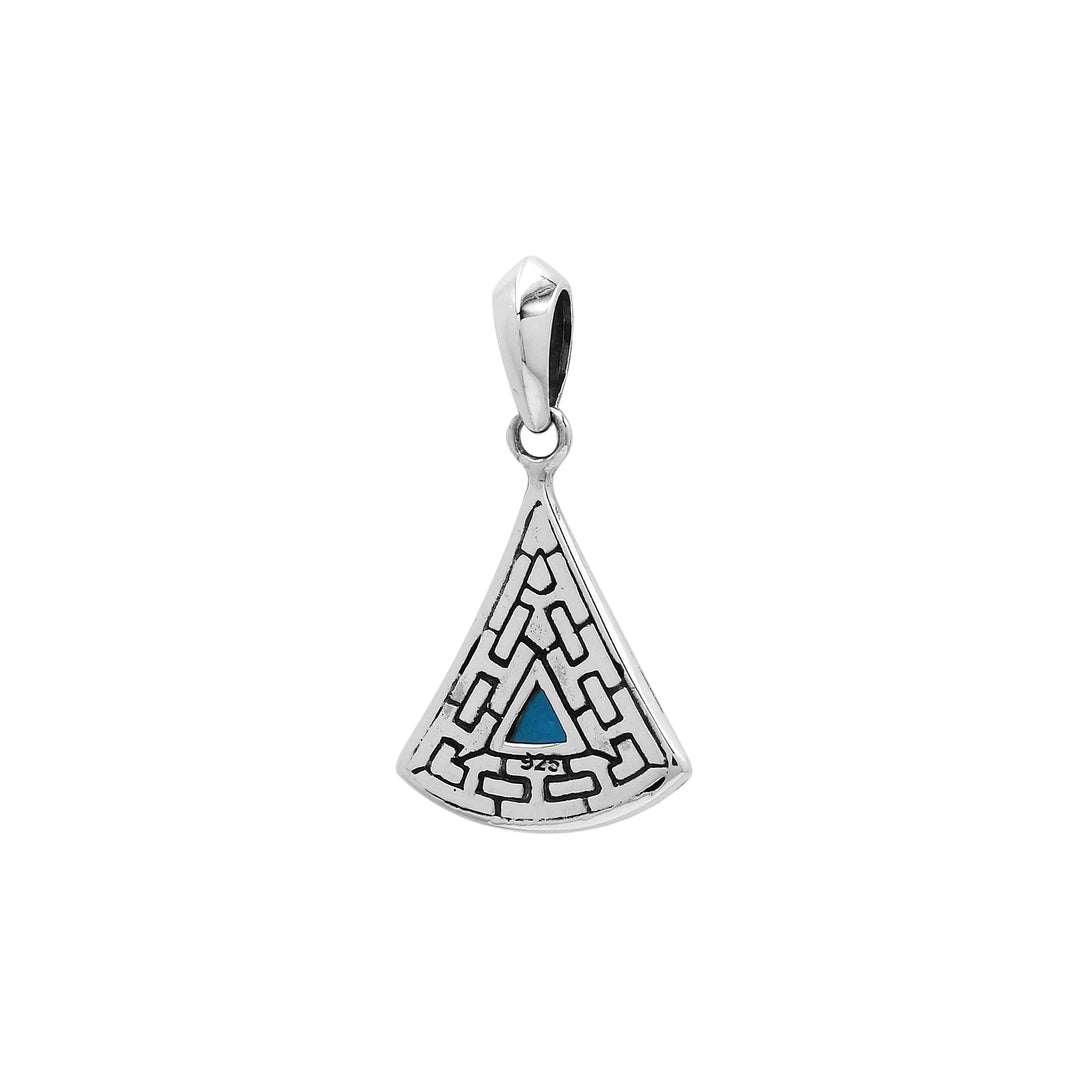 Triangular sterling silver pendant featuring trillion-cut blue topaz quartz with geometric engraving and polished Balinese finish.