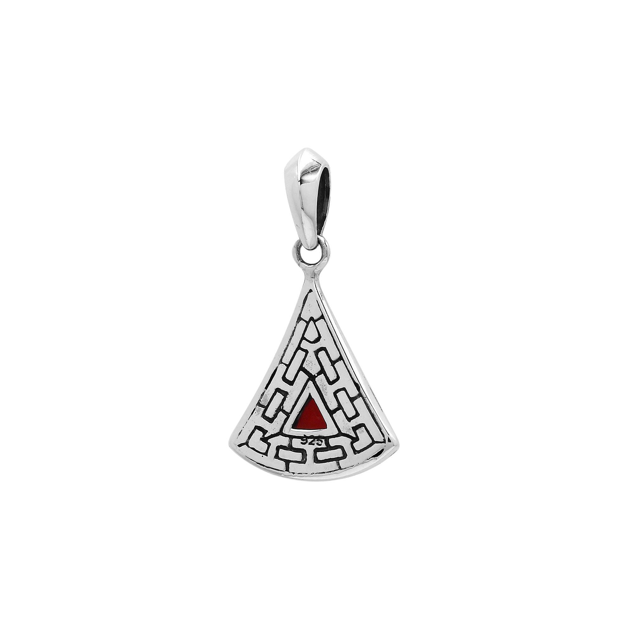 Triangular sterling silver pendant featuring red garnet quartz trillion-cut centerpiece, geometric Balinese engravings, and smooth high-gloss polish.