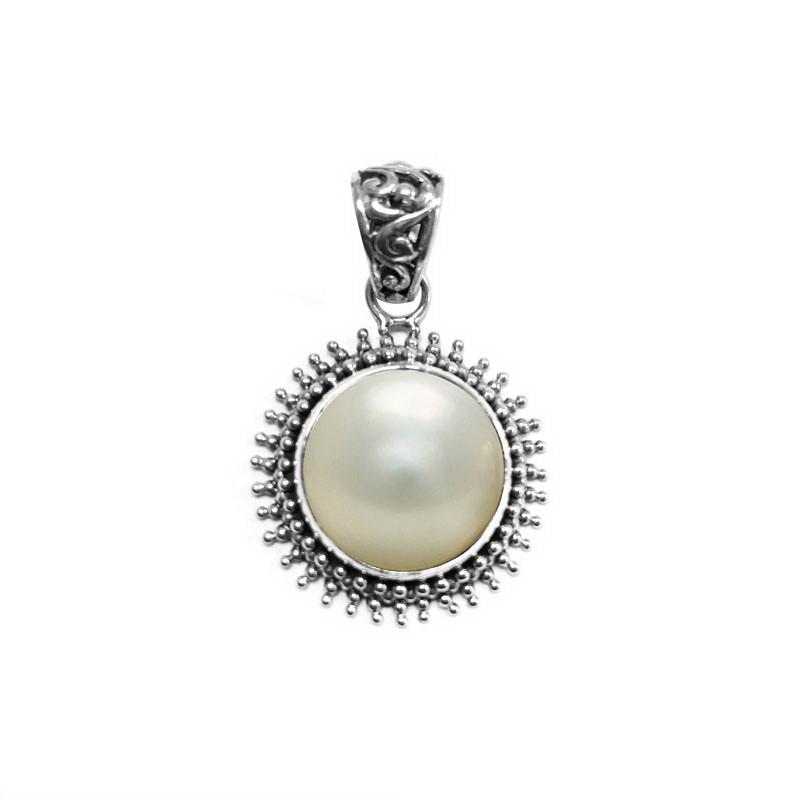 Sterling silver round pendant with Mabe Pearl and oxidized Balinese beaded handcrafted frame.