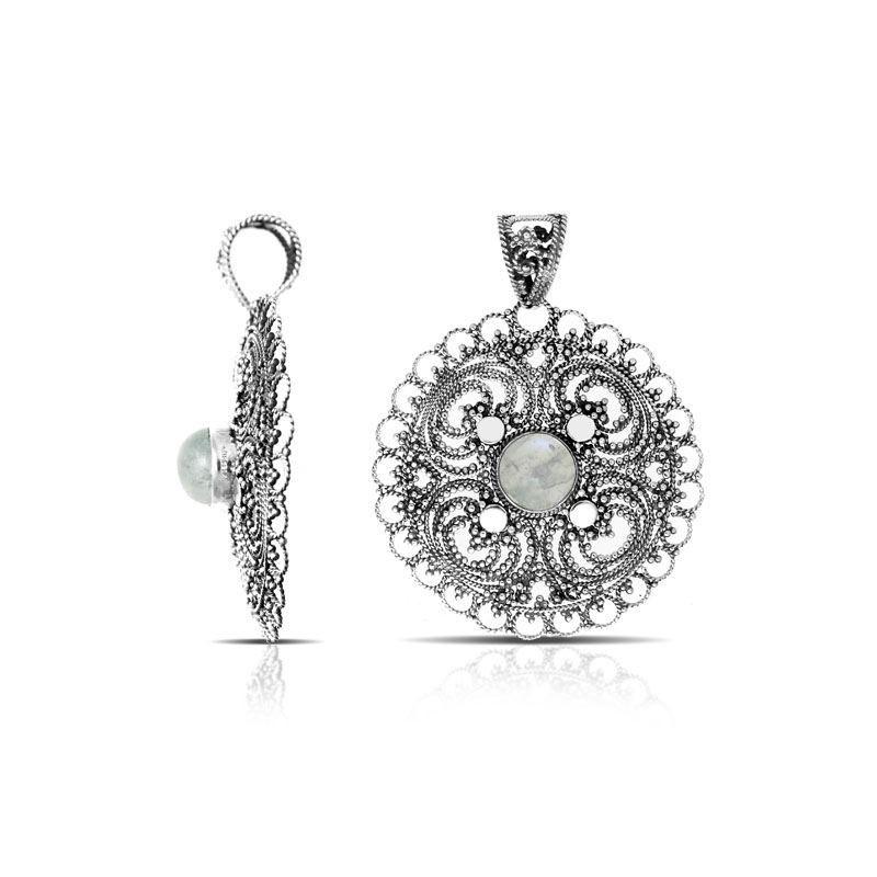 Sterling silver round floral filigree pendant with Rainbow Moonstone handcrafted in Bali.