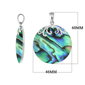 Sterling silver round pendant with Abalone Shell and handcrafted scroll detailing.