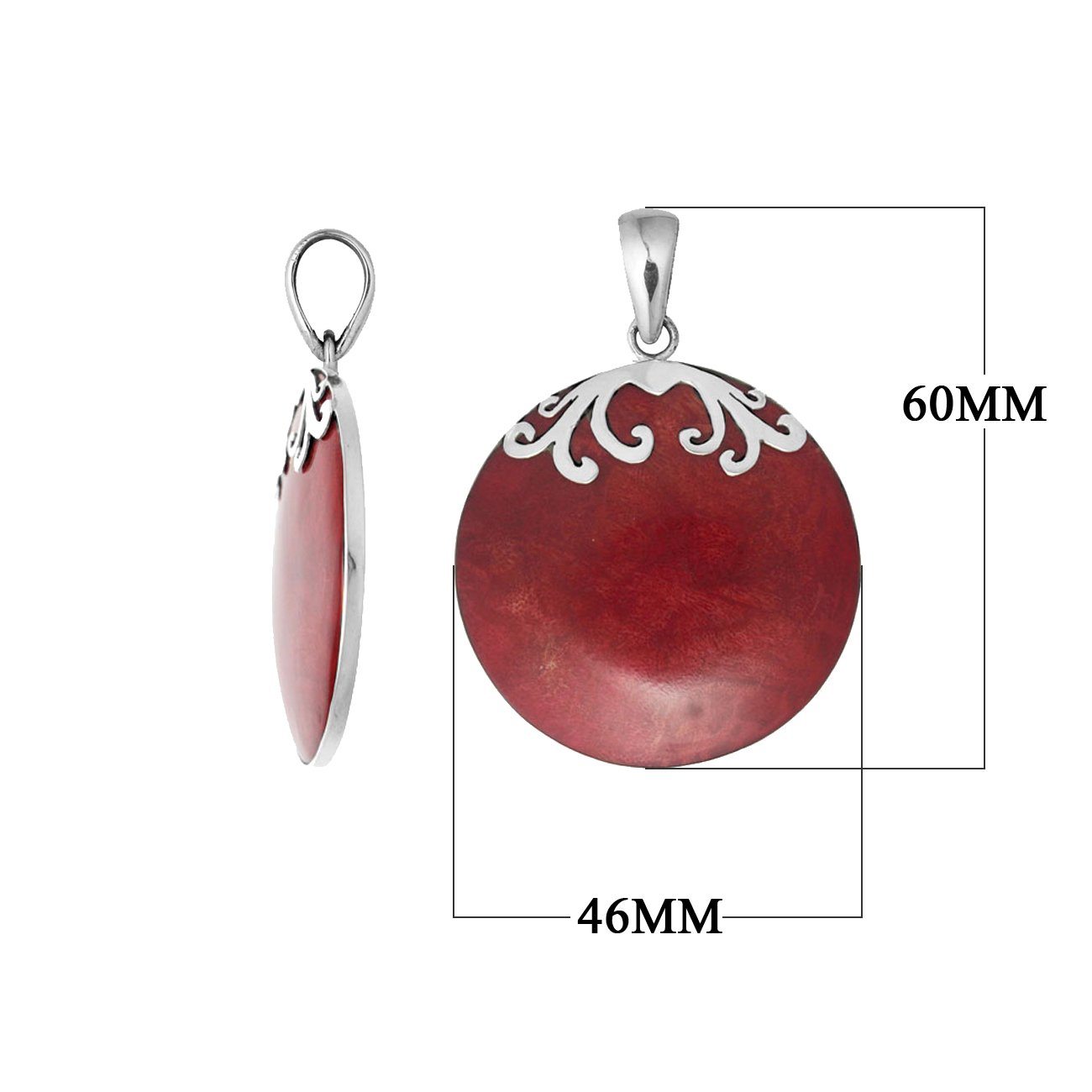 Sterling silver round pendant with Red Coral and handcrafted scroll design.