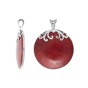 Sterling silver round pendant with Red Coral and handcrafted scroll design.