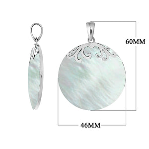 Sterling silver round pendant with Mother Of Pearl and elegant scroll detailing handcrafted in Bali.