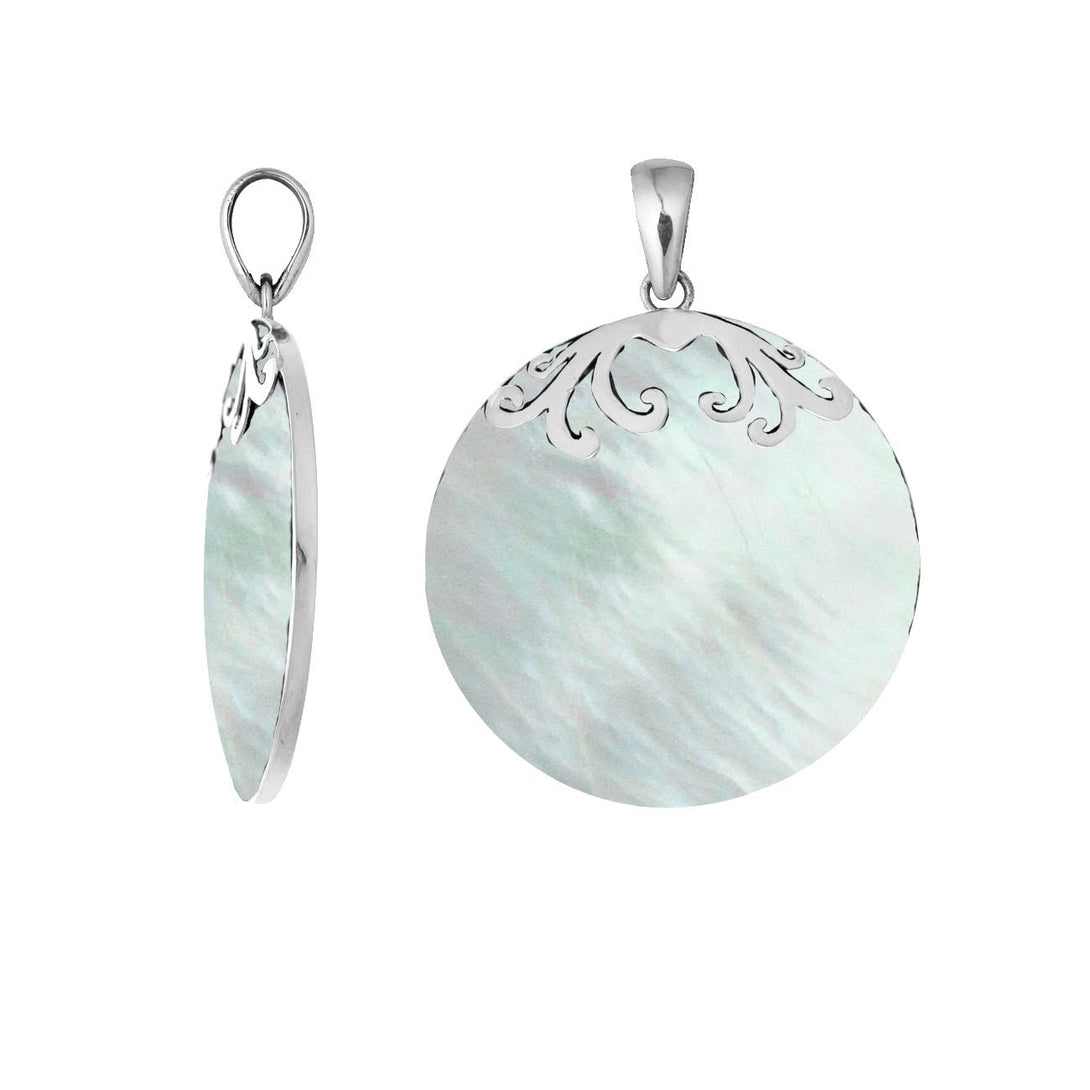 AP-7033-MOP Sterling Silver Designer Pendant With Round Mother Of Pearl Jewelry Bali Designs Inc 