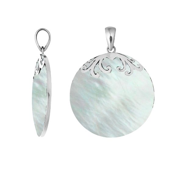 AP-7033-MOP Sterling Silver Designer Pendant With Round Mother Of Pearl Jewelry Bali Designs Inc 