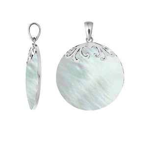 Sterling silver round pendant with Mother Of Pearl and elegant scroll detailing handcrafted in Bali.