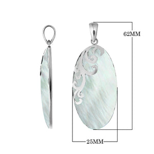 Sterling silver oval pendant with Mother Of Pearl and polished vine detailing handcrafted in Bali.