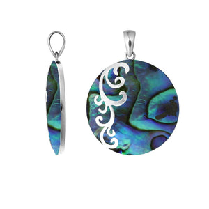 Round sterling silver pendant featuring abalone shell with swirl motif and a polished artistic finish.