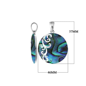 Round sterling silver pendant featuring abalone shell with swirl motif and a polished artistic finish.