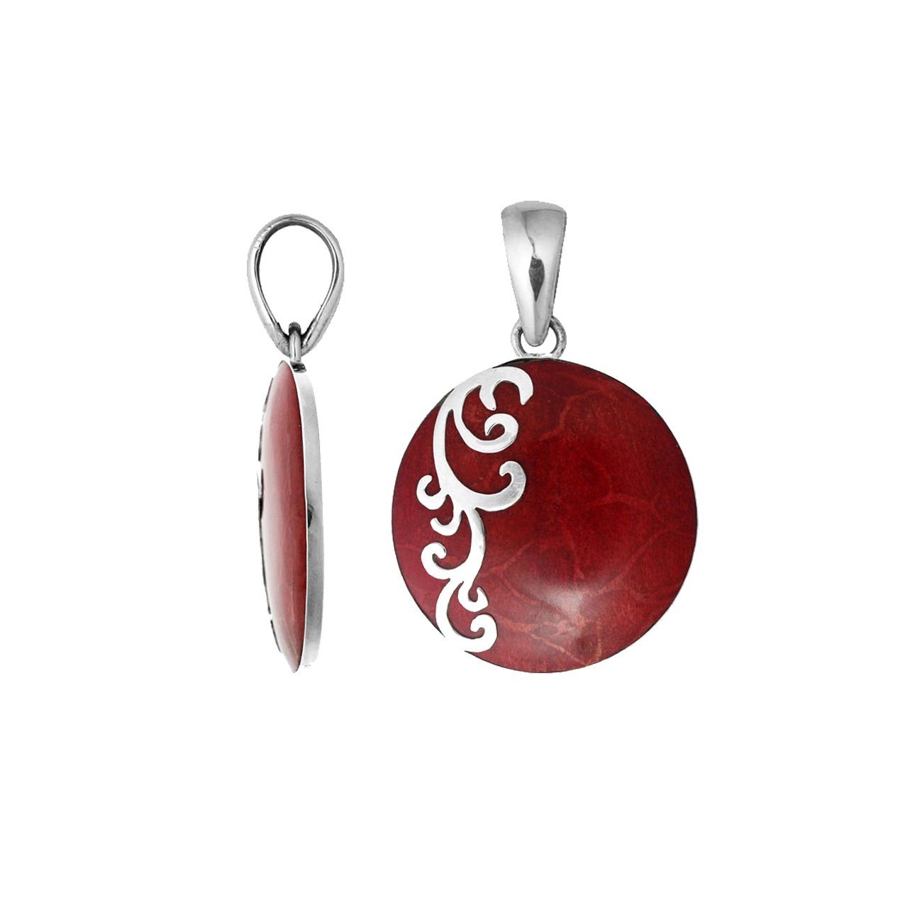 Round sterling silver pendant featuring Red Coral with swirl motif and polished artistic detailing.