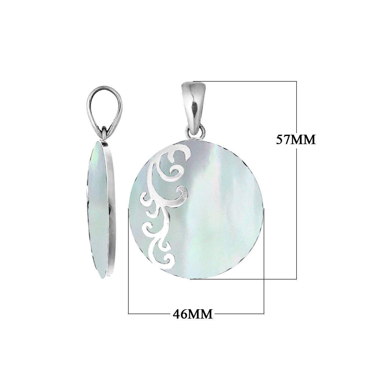 Artisan sterling silver pendant with luminous Mother of Pearl and flowing swirl accents.