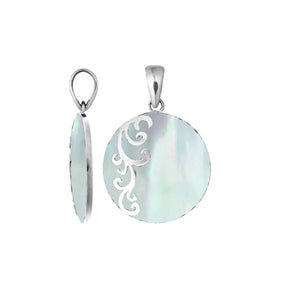 Artisan sterling silver pendant with luminous Mother of Pearl and flowing swirl accents.