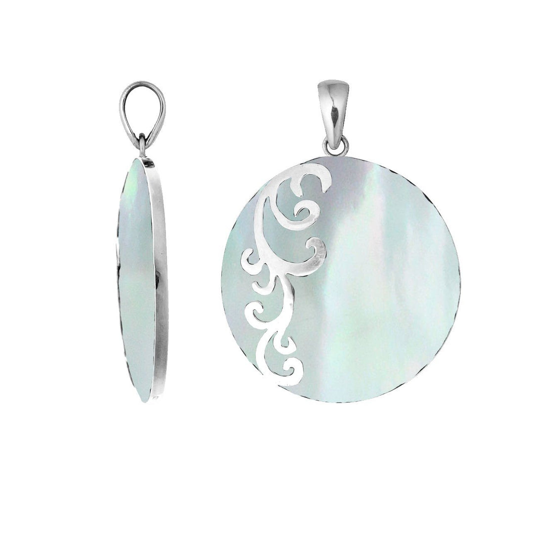 AP-7035-MOP Sterling Silver Designer Pendant With Round Mother Of Pearl Jewelry Bali Designs Inc 