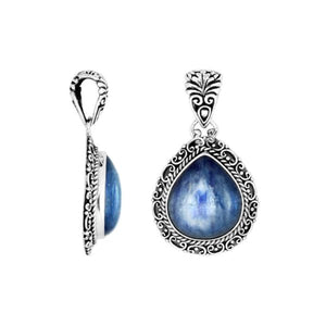 Sterling silver Kyanite teardrop pendant with ornate Balinese frame.