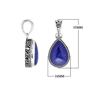 Sterling silver Lapis teardrop pendant with ornate Balinese frame.