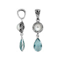 Sterling silver Mabe Pearl and Blue Topaz Quartz dual-drop Balinese pendant.