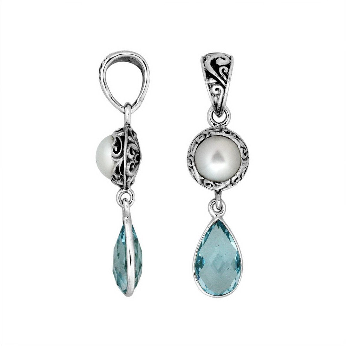Sterling silver Mabe Pearl and Blue Topaz Quartz dual-drop Balinese pendant.