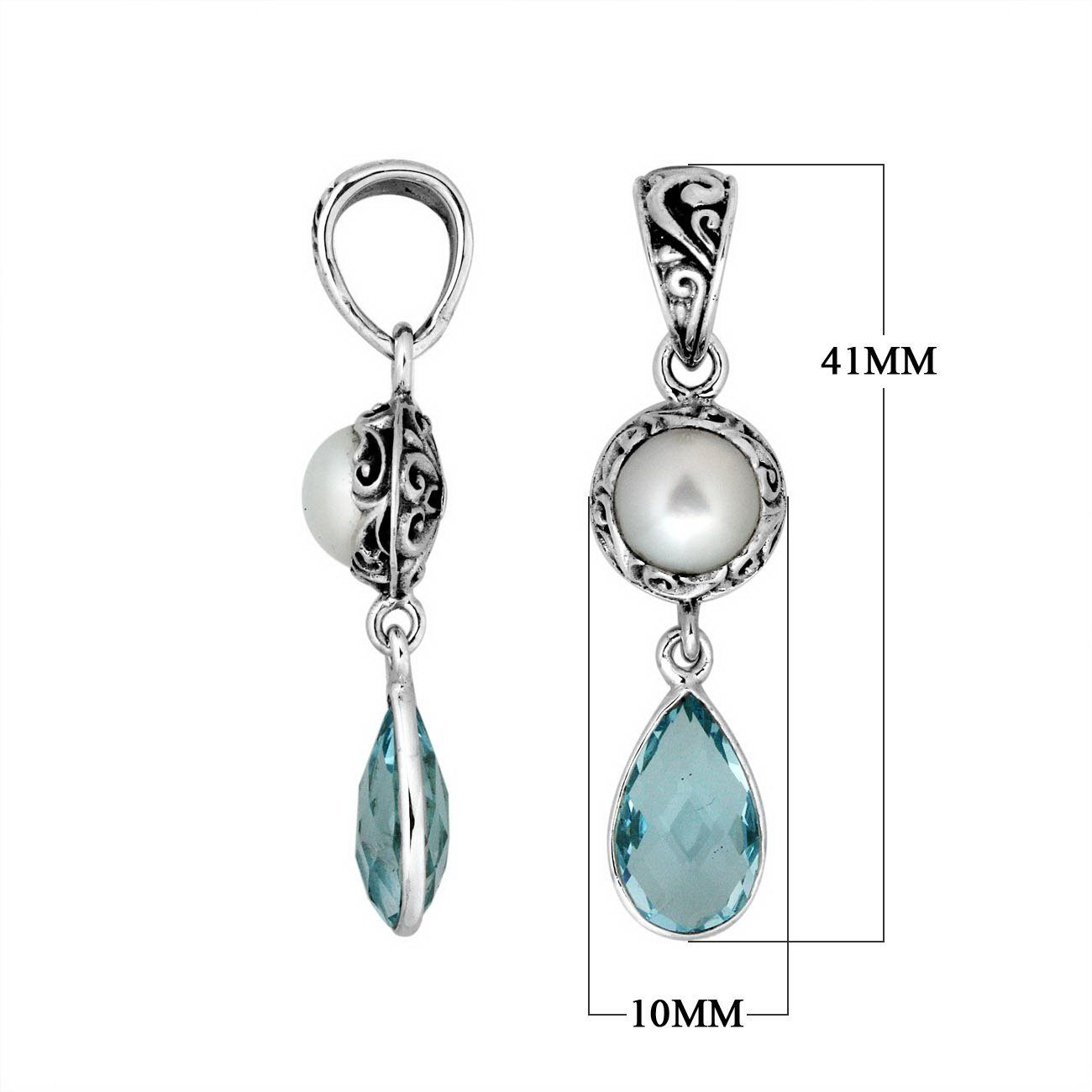 Sterling silver Mabe Pearl and Blue Topaz Quartz dual-drop Balinese pendant.