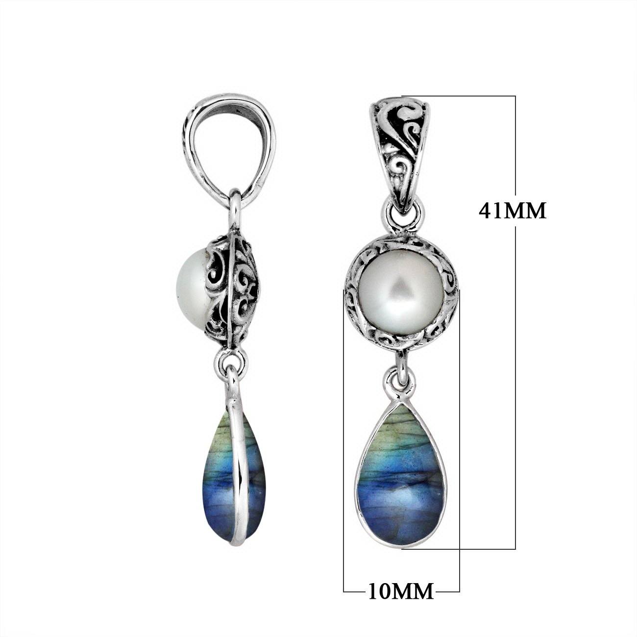 Sterling silver Mabe Pearl and Labradorite dual-drop Balinese pendant.