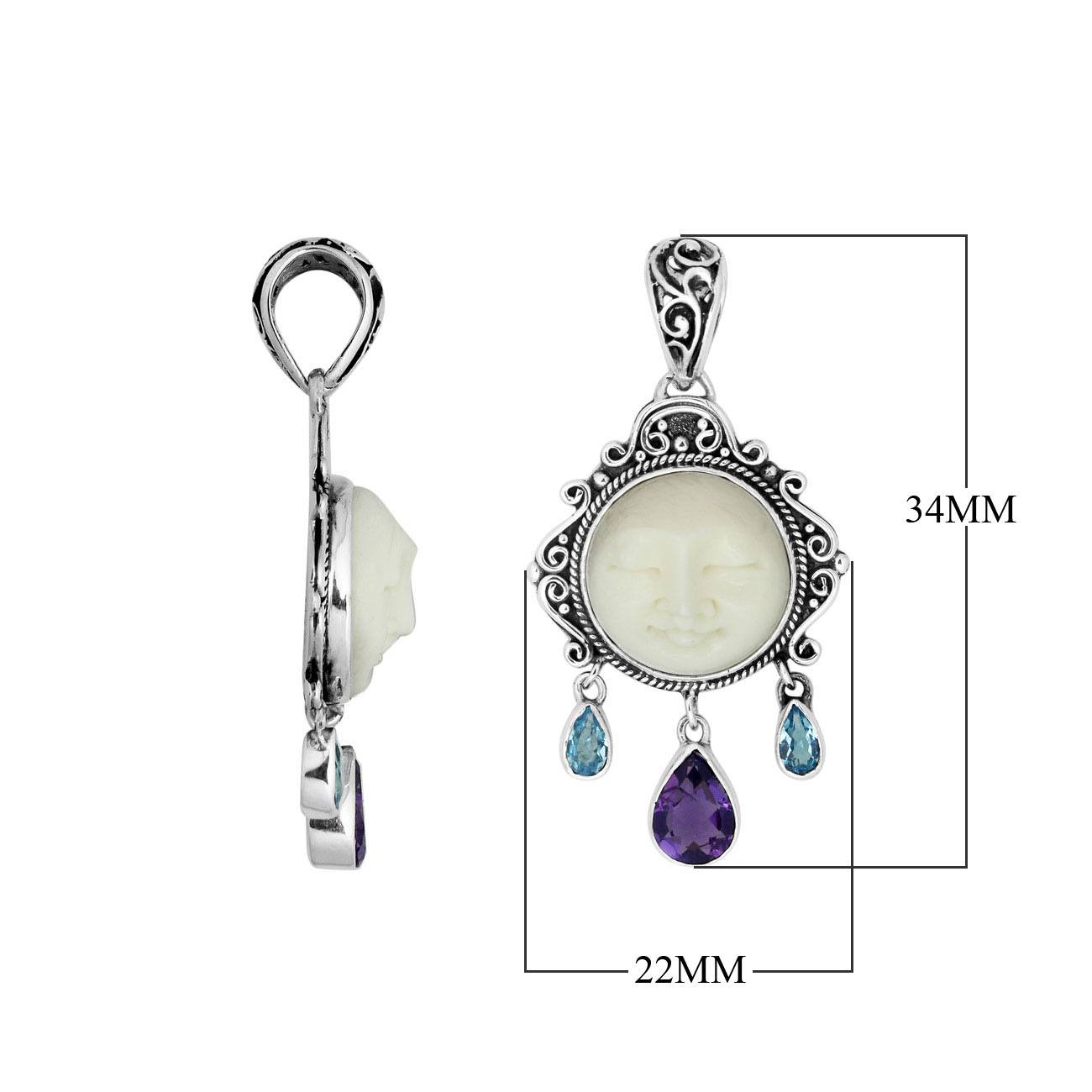 Sterling silver Bone Face pendant with Amethyst Quartz and Blue Topaz Quartz.