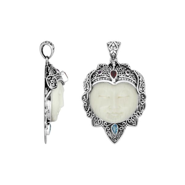 AP-8013-CO1 Sterling Silver Pendant With Bone Face&Garnet, Blue Topaz Jewelry Bali Designs Inc 