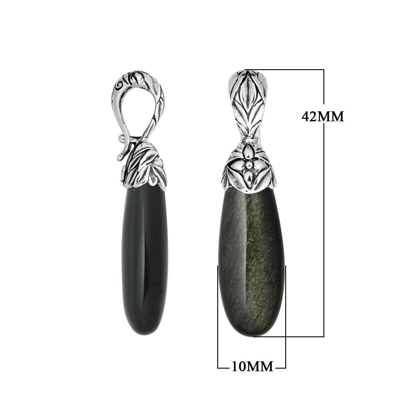 Sterling silver Black Obsidian long drop pendant with floral cap.