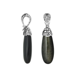 Sterling silver Black Obsidian long drop pendant with floral cap.