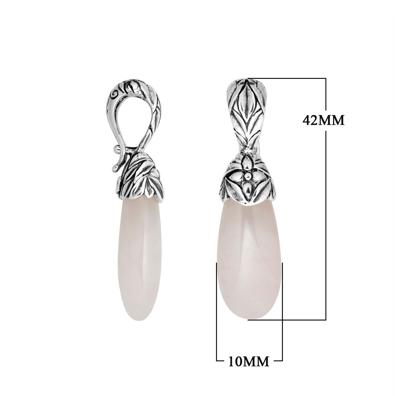 Sterling silver Rose Quartz long drop pendant with floral silver detailing.