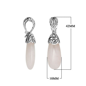 Sterling silver Rose Quartz long drop pendant with floral silver detailing.