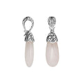 Sterling silver Rose Quartz long drop pendant with floral silver detailing.